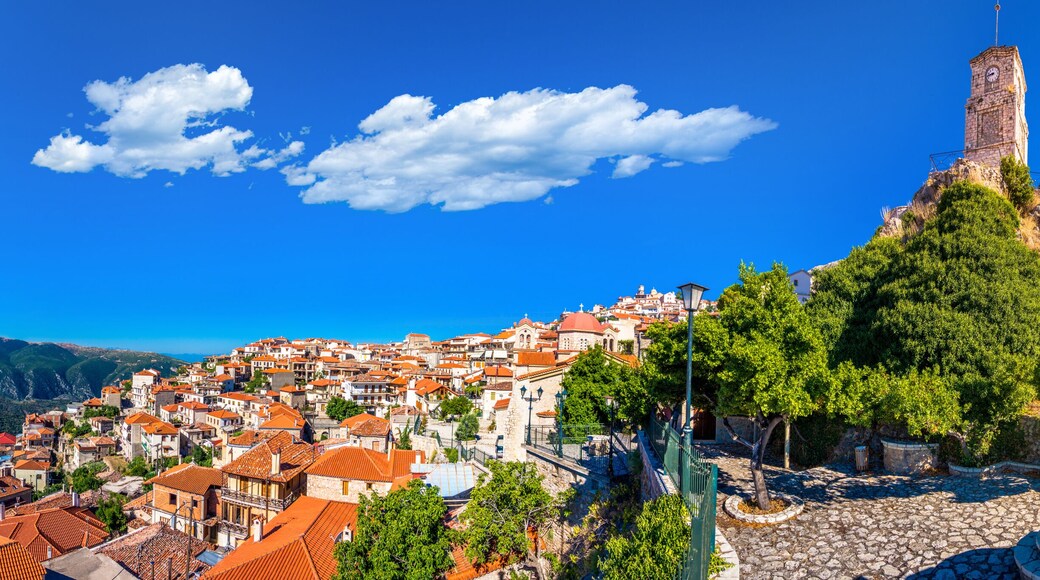 Scenic view of Arachova Village. Arachova is famous for its panoramic view, uphill small houses and the cobbled streets show a picturesque architecture at Parnassos Mountain, Greece.