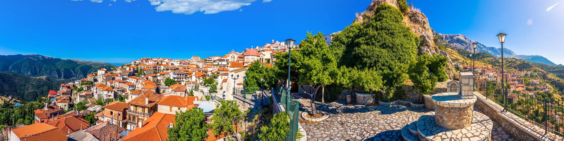 Scenic view of Arachova Village. Arachova is famous for its panoramic view, uphill small houses and the cobbled streets show a picturesque architecture at Parnassos Mountain, Greece.