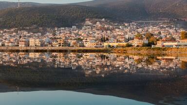 A coastal cityscape with buildings reflecting on calm waters, a bridge in the distance, and hills in the background.