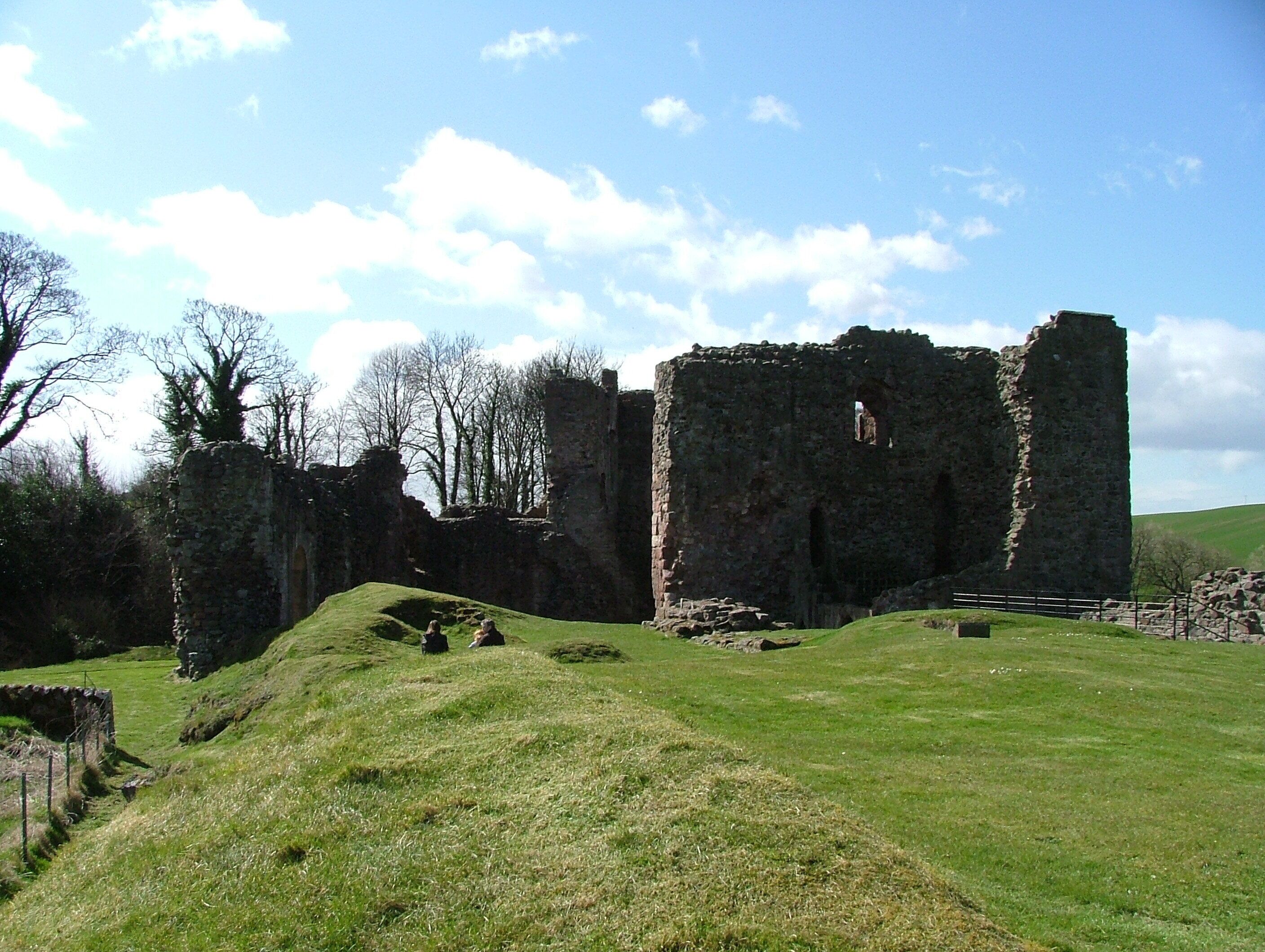 A historic stone castle ruin with grassy fields and trees in the background.
