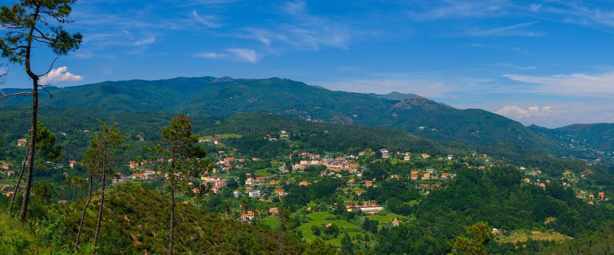 A mountainous landscape with scattered houses and dense forest.
