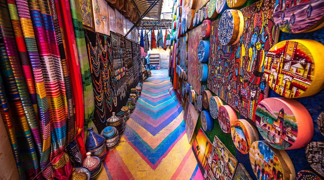 Fez, Morocco - 12.02.2020: Colorful painted street in the medina of the old city of Fes. The ancient city and the oldest capital and one of the four Imperial cities of Morocco. UNESCO site