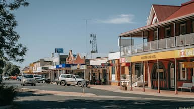 A street with shops, a Western Line Hotel, and a 'Keep Left' sign.