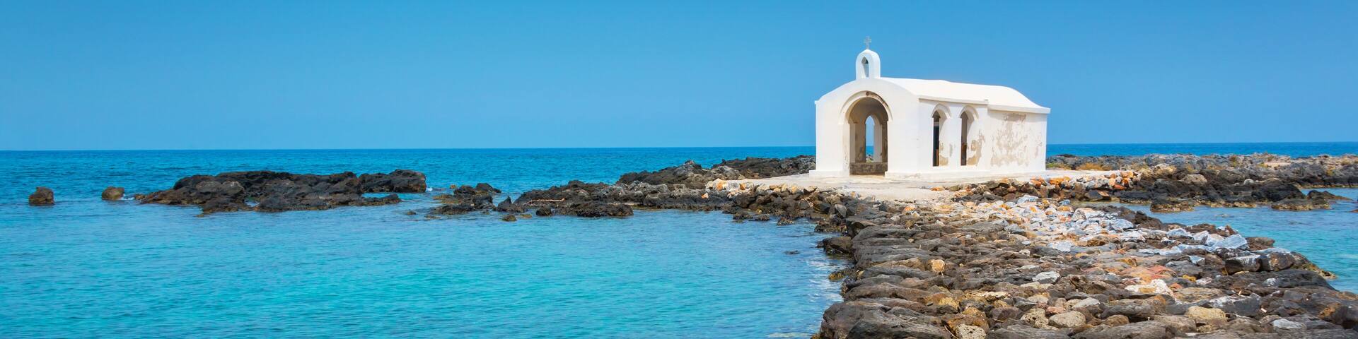 Panorama of Agios Nikolaos (Saint Nicholas) church, Georgoupoli in Crete, Greece