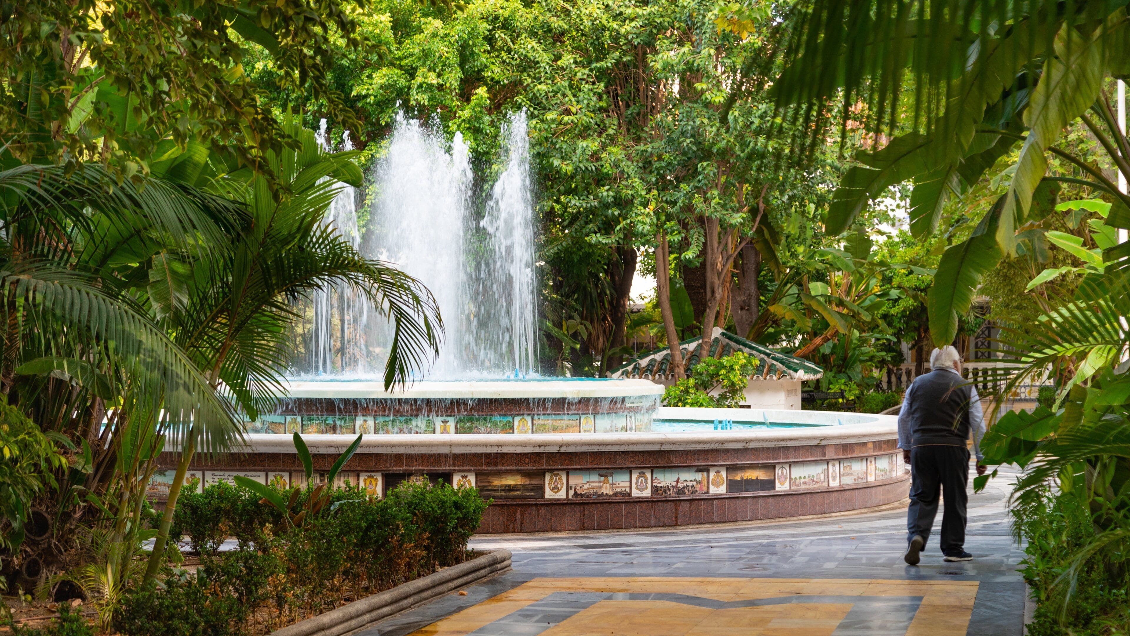 Venus Beach featuring a fountain and a garden as well as an individual male