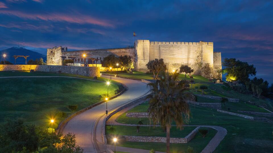 Fuengirola, Spain. View of Sohail Castle (Castillo Sohail) at dusk