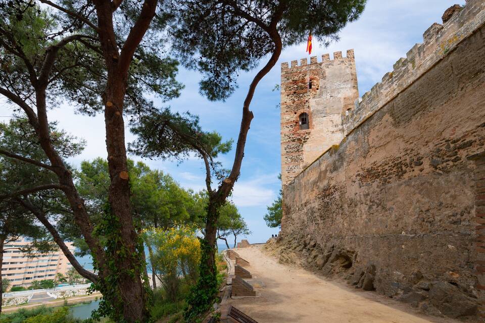 A historic stone wall with a tower, surrounded by trees and a clear sky.