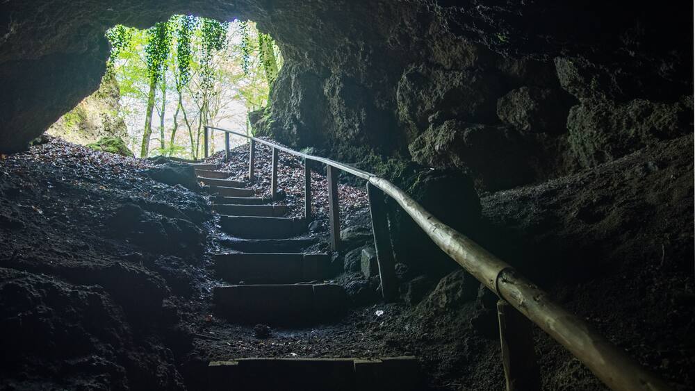 stairway out of the cave into the sun lighted forest near Birresborn, Germany