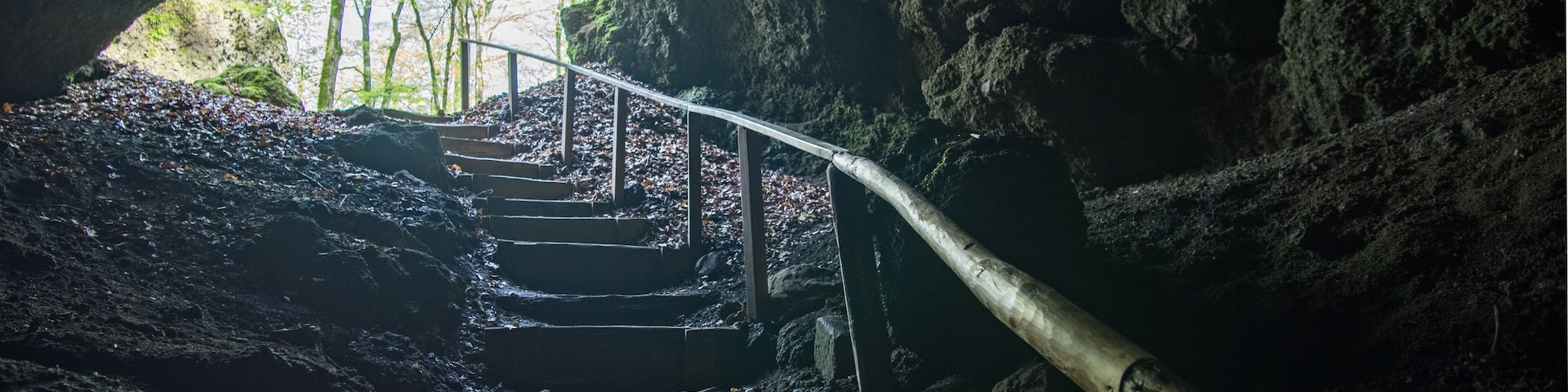 stairway out of the cave into the sun lighted forest near Birresborn, Germany