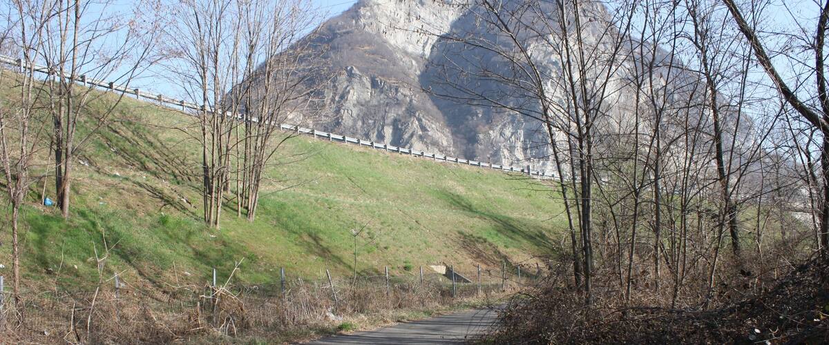 A narrow paved road winding through a hilly landscape with sparse trees and a mountain in the background.