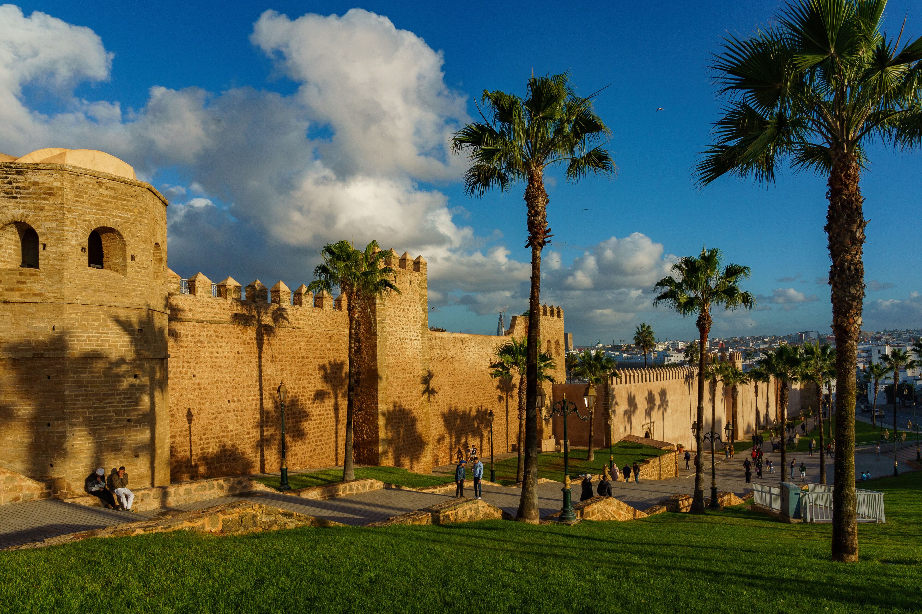 A historic stone fortress with palm trees and a clear blue sky.