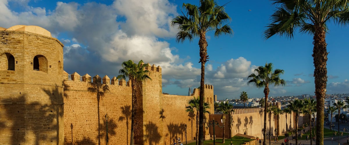 Une forteresse historique en pierre, bordée de palmiers, sous un ciel d’un bleu limpide.