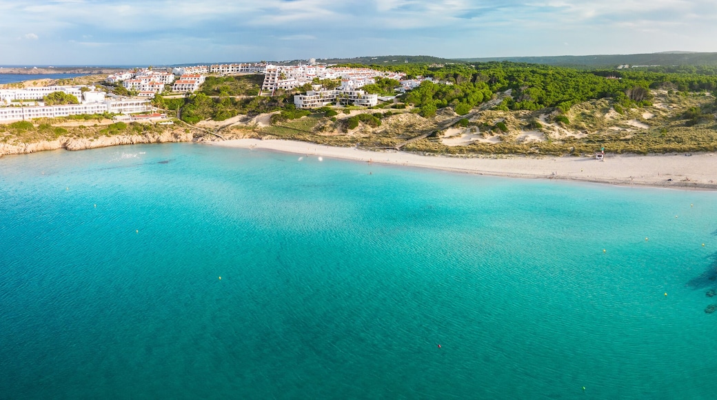 Areal drone view of Arenal de Son Saura beach at Menorca island, Spain