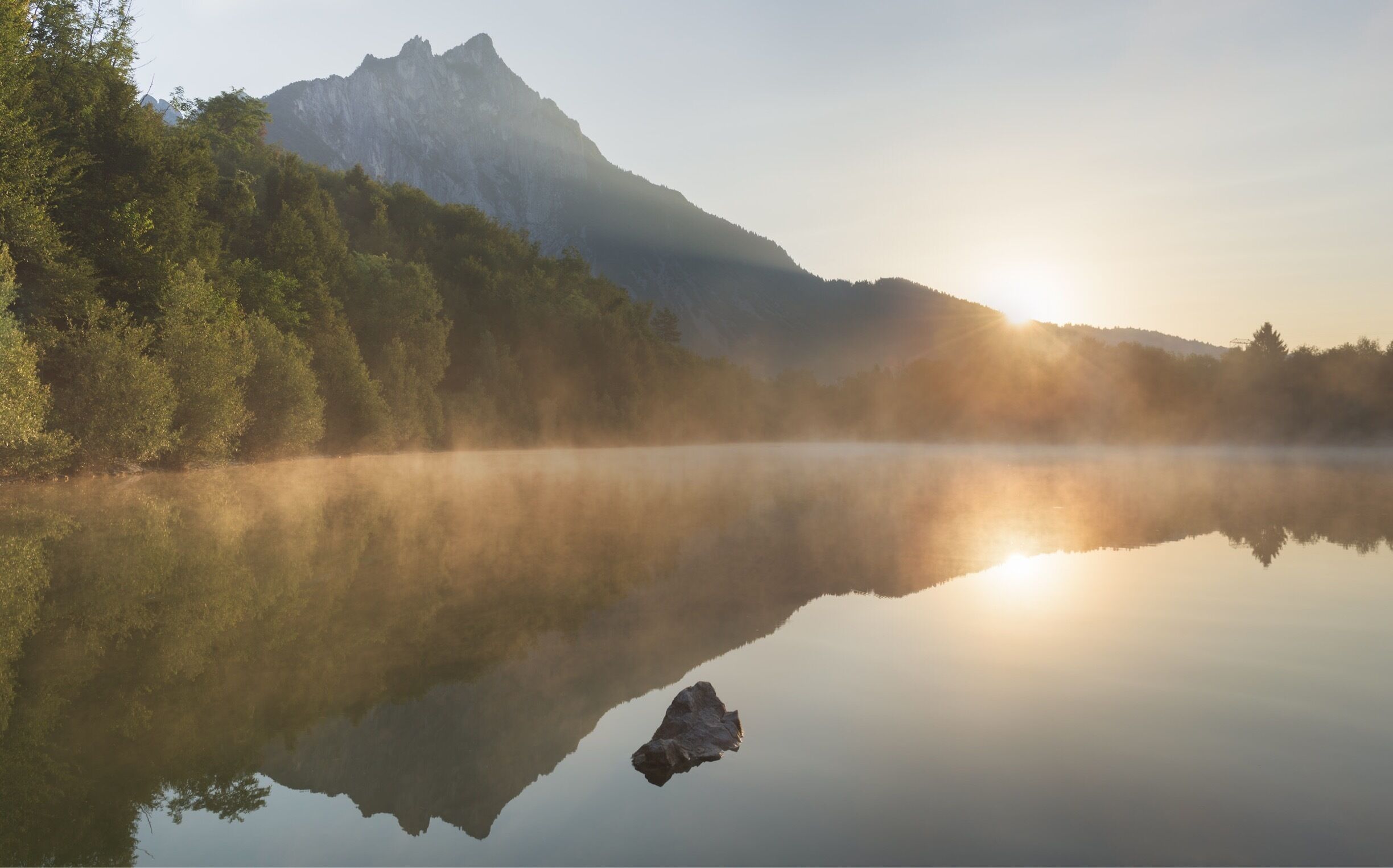 A mountain range, dense forest, and a calm lake with a rock in the foreground.