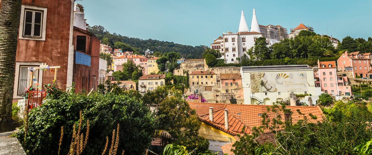Panoramic view of the Palace of Sintra, also called Town Palace (Palácio da Vila) located in the town of Sintra, in the Lisbon District of Portugal