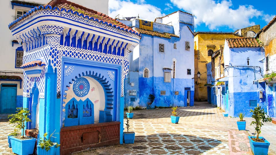 Beautiful view of the square in the blue city of Chefchaouen. Location: Chefchaouen, Morocco, Africa. Artistic picture. Beauty world