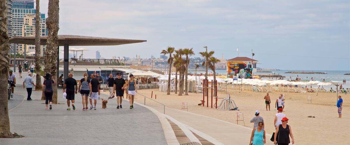 A beachside promenade with palm trees, beach umbrellas, and a lifeguard tower.