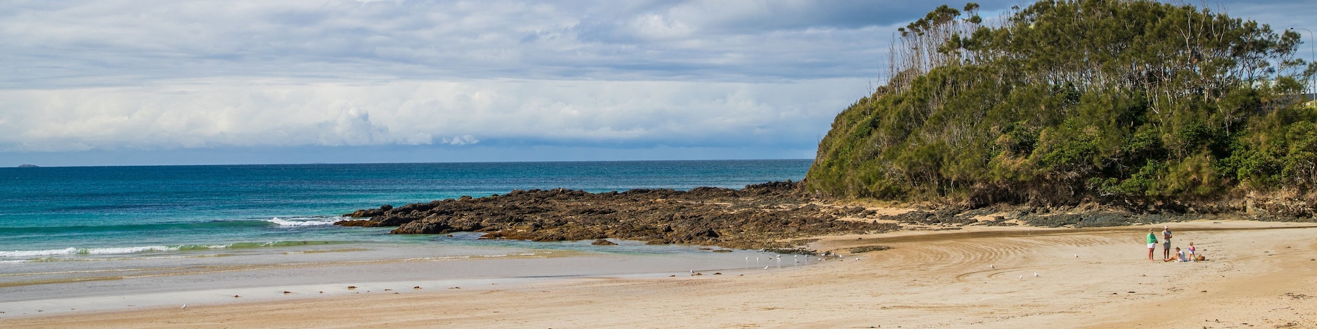 Woolgoolga Beach showing general coastal views, a beach and rugged coastline