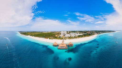 From above, the stunning beauty of Zanzibar's Nungwi Beach is captured in an aerial view with a yacht and palm trees on the sandy beach.