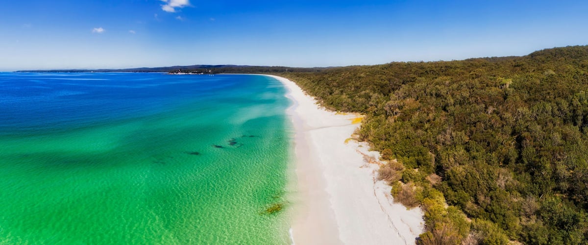 A coastal landscape with a white sandy beach, clear turquoise waters, and a dense forested area.