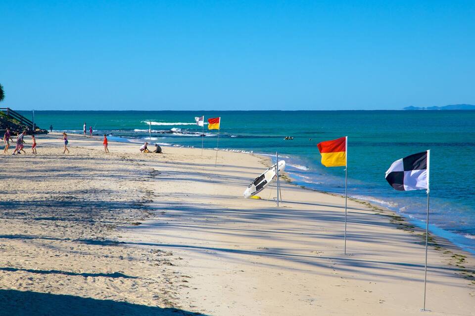 Een strand met vlaggen, mensen en een uitkijktoren voor de badwachters.