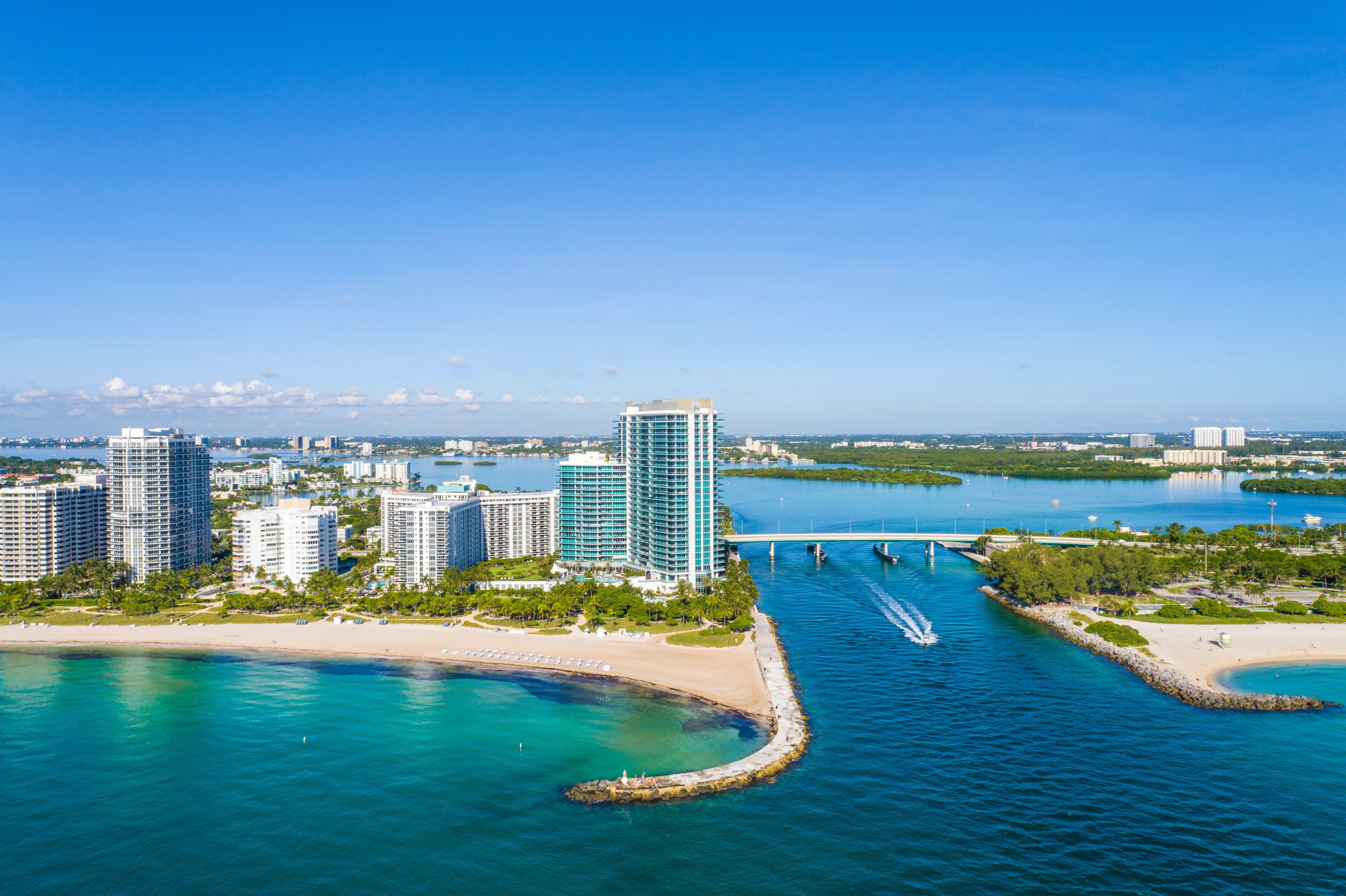 Aerial view of Haulover Inlet, Bal Harbour, Florida, United States.