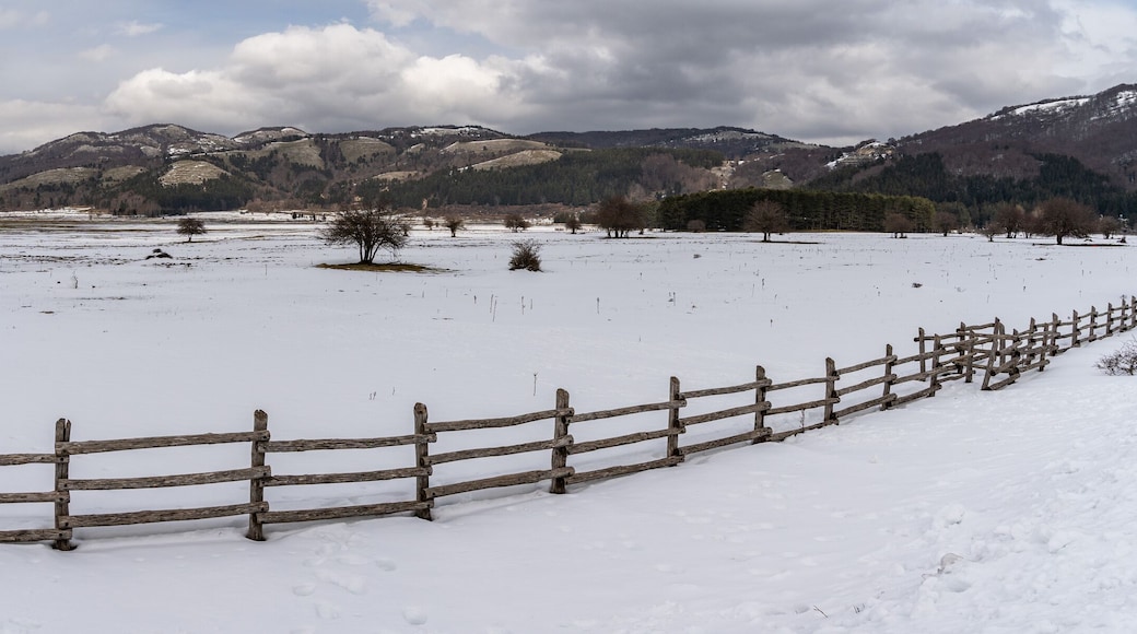 Wide panoramic view of Laceno Lake during winter season, Campania region, Italy