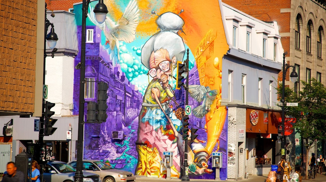 Plateau Mont Royal which includes a city, a house and outdoor art