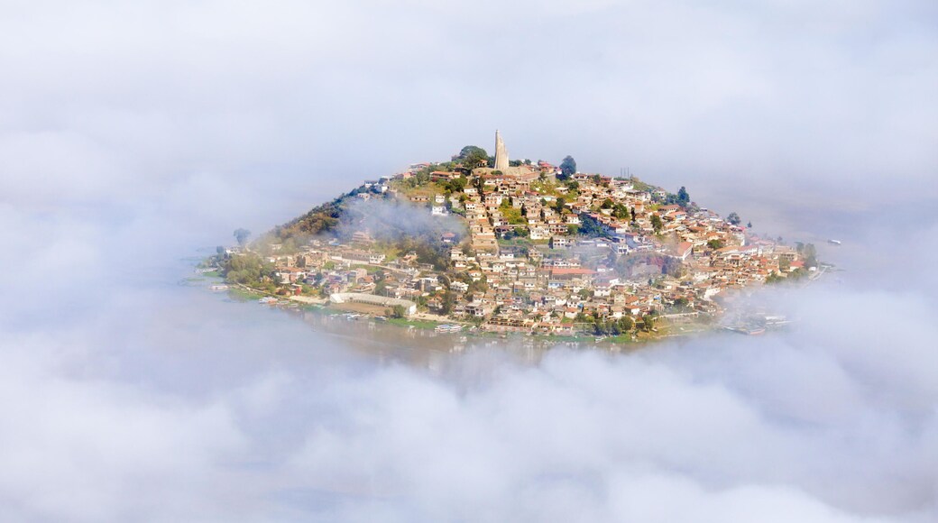 Aerial view of the island of Janitzio surrounded by clouds in Lake Patzcuaro, Michoacan, Mexico.
