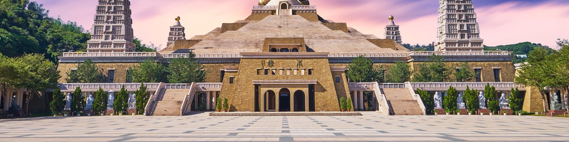 Kaohsiung, Taiwan - December 3, 2018: Many tourist walked to the Fo Guang Shan Buddha Memorial center in beautiful sunset scenic time at Kaohsiung city, Taiwan.
