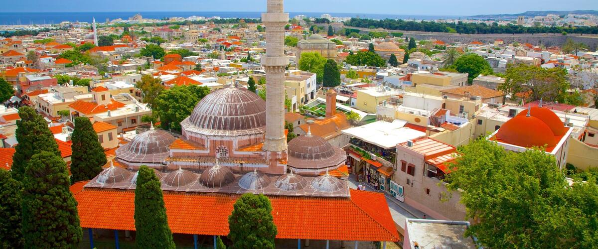A mosque with a tall minaret and domes, surrounded by a cityscape with orange-roofed buildings and a view of the sea.