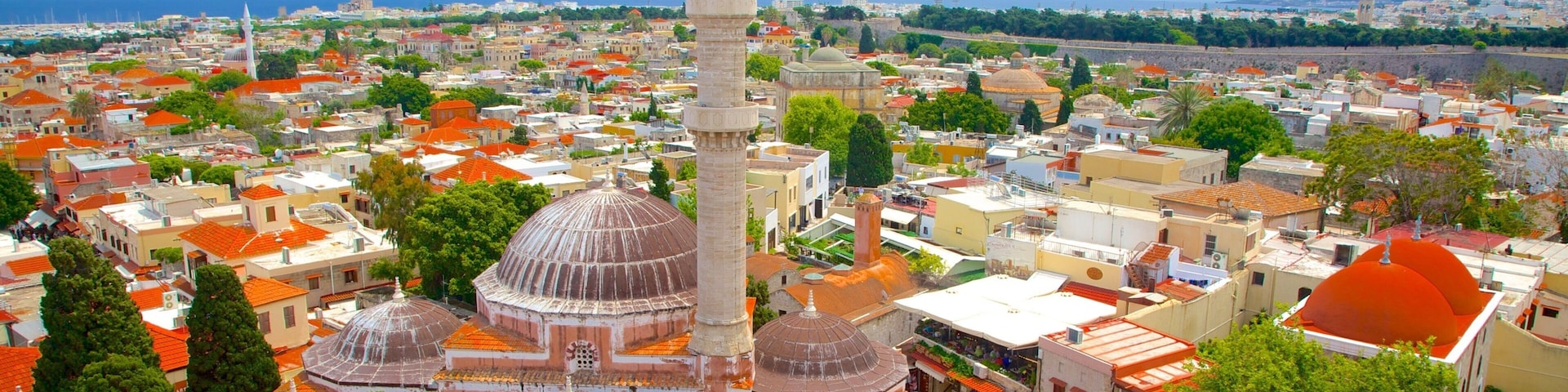 A mosque with a tall minaret and domes, surrounded by a cityscape with orange-roofed buildings and a view of the sea.