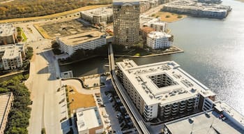 Aerial view downtown Las Colinas, Irving, Texas and light rail system