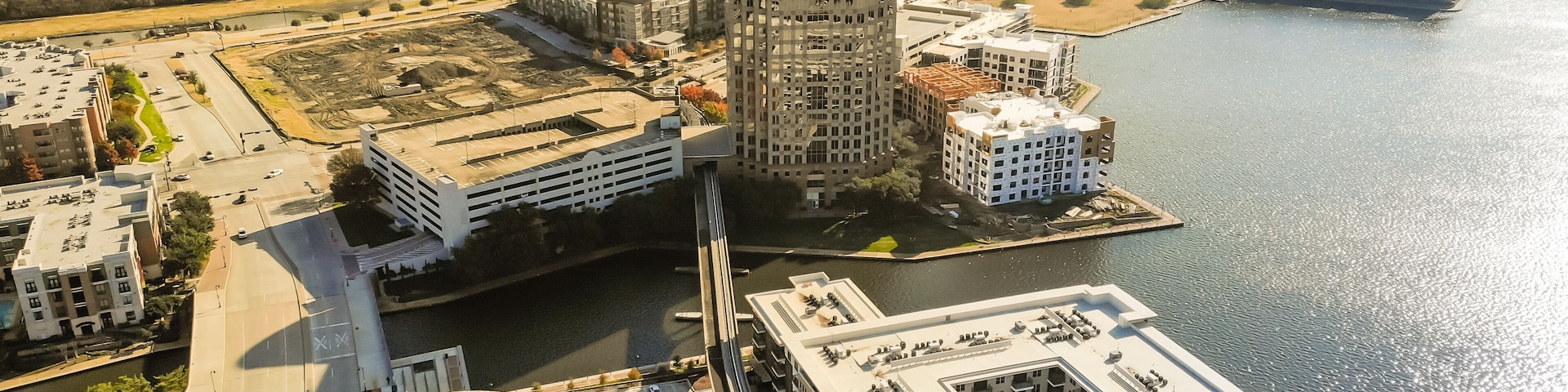 Aerial view downtown Las Colinas, Irving, Texas and light rail system (Area Personal Transit, APT). Las Colinas is an upscale, developed area in the Dallas suburb
