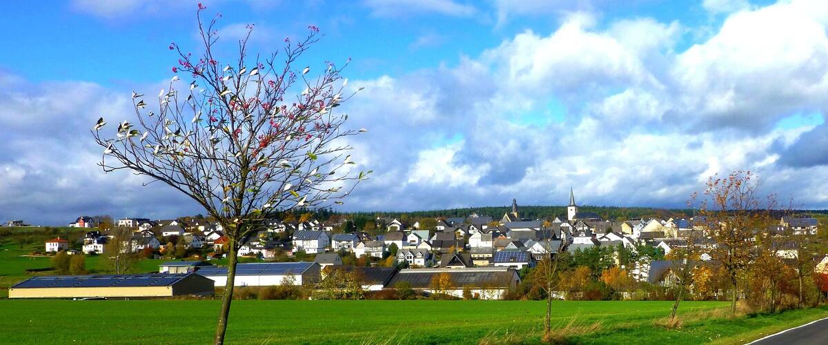 A rural village with houses, a church, and a road.