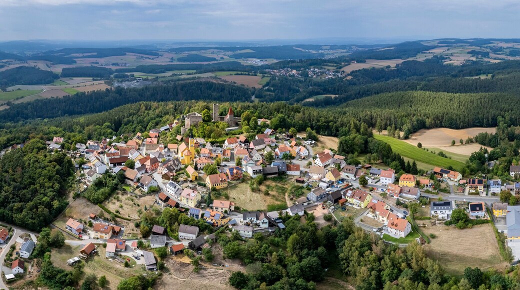 Aerial around the old town Lauterhofen in Germany on a sunny day in spring