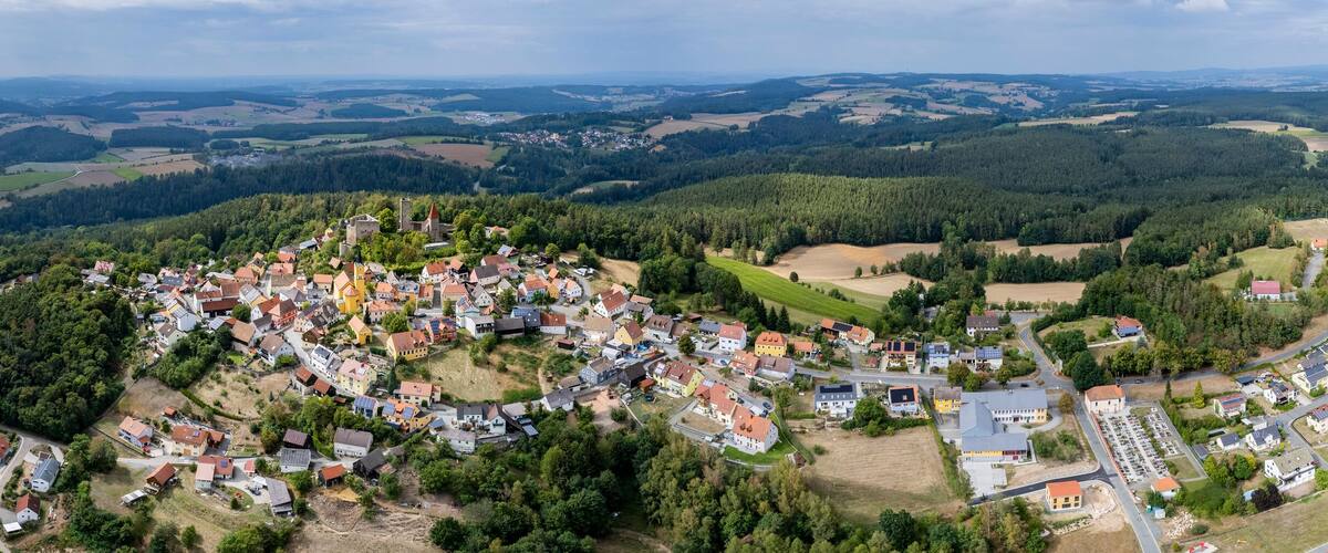 An aerial view of a village with a castle, surrounded by forests and fields.