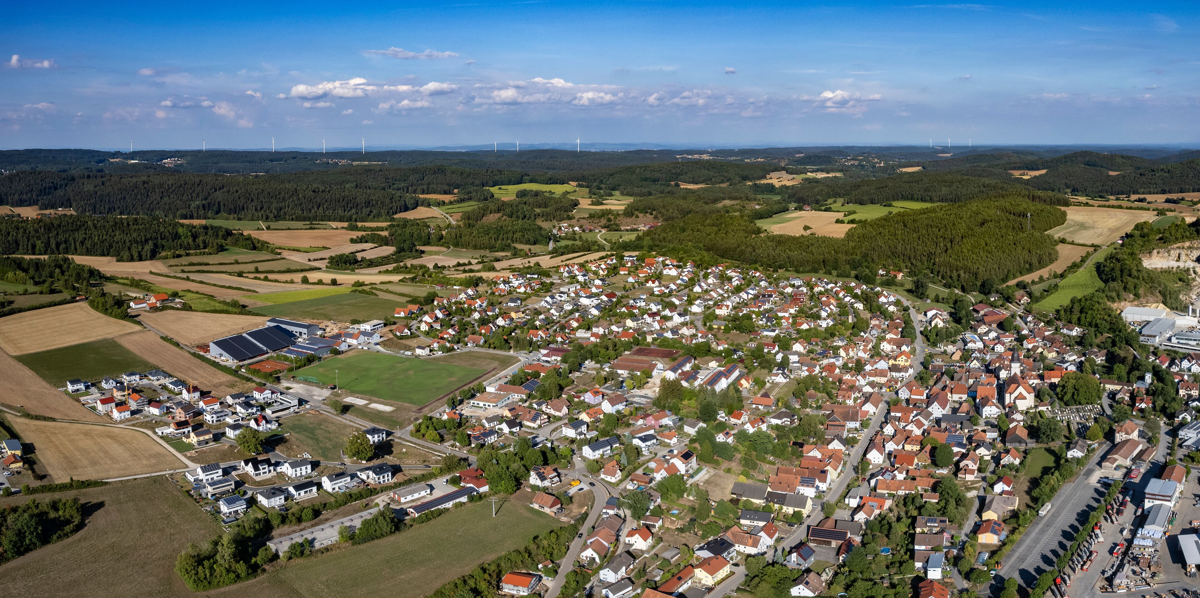 Aerial around the old town Lauterhofen in Germany on a sunny day in spring