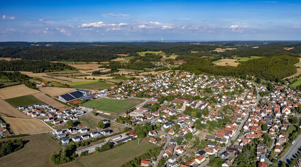 Aerial around the old town Lauterhofen in Germany on a sunny day in spring