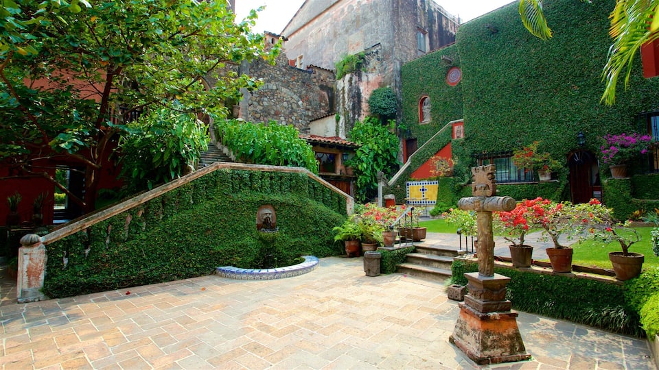 A lush courtyard with a stone staircase, potted plants, and a fountain.