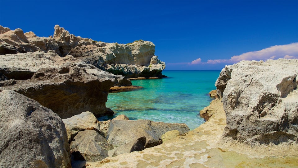 A rocky coastline with clear turquoise waters and a clear blue sky.