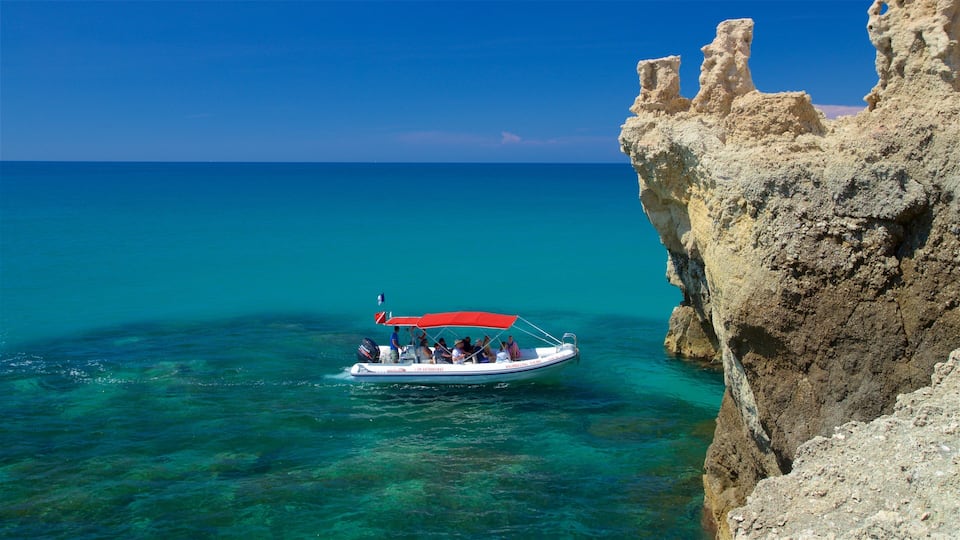 A boat with a red canopy on clear turquoise waters near a rocky cliff.