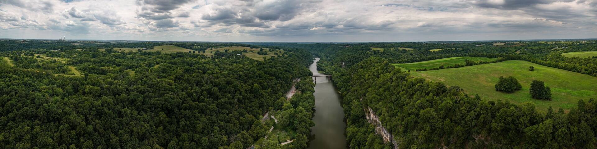 An aerial view of the Kentucky River plateau near Harrodsburg in the Bluegrass region.