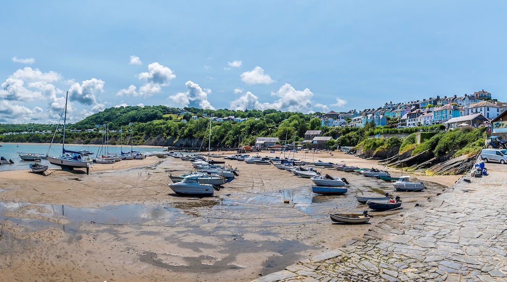 A panorama view from the harbour wall at low tide in the town of New Quay, Wales in summertime