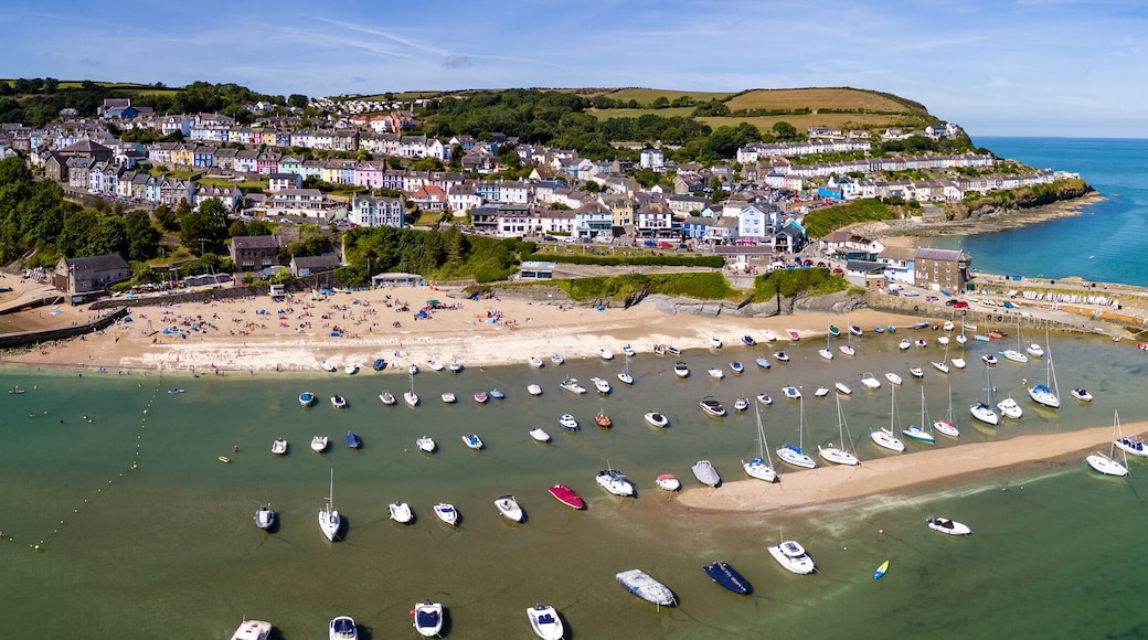 Panoramic aerial view of the colorful Welsh seaside town of New Quay