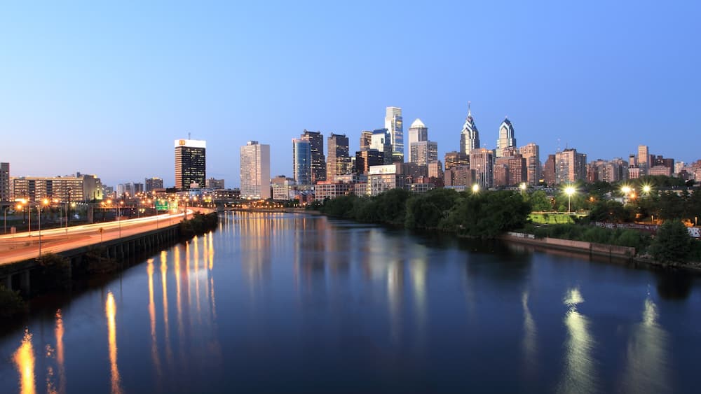 Skyline view of Philadelphia, Pennsylvania at evening