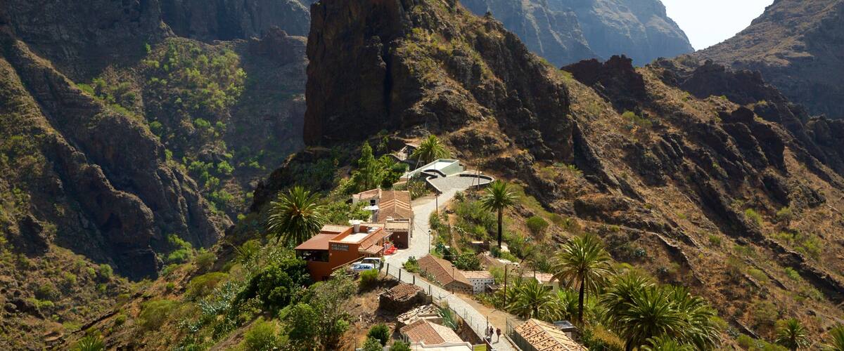 A mountainous landscape with a winding road, buildings, and palm trees.