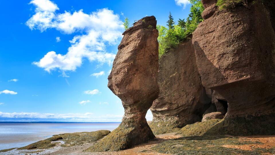A coastal landscape with prominent rock formations and a clear blue sky.