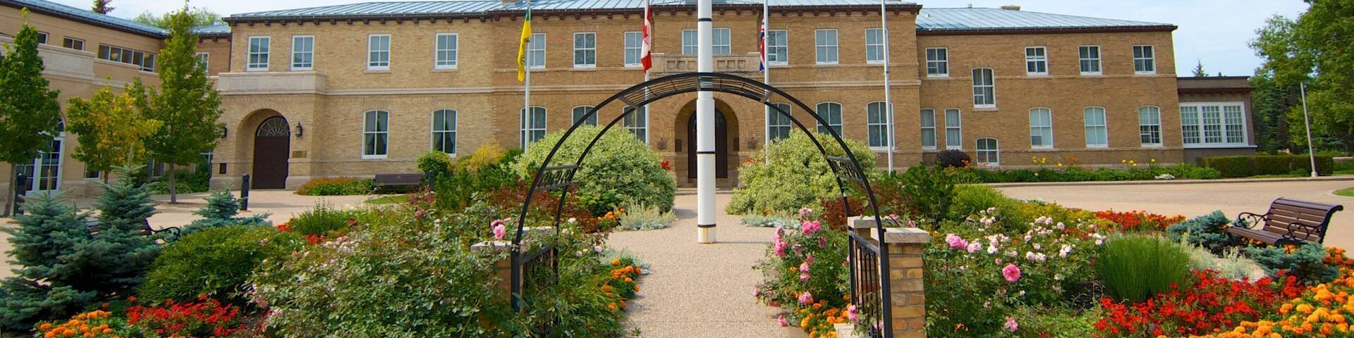 Government House showing flowers, an administrative buidling and a square or plaza