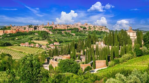 Orvieto, Italy. Historical hilltop old town of Orvieto, tuff city, view of the medieval walls and towers.